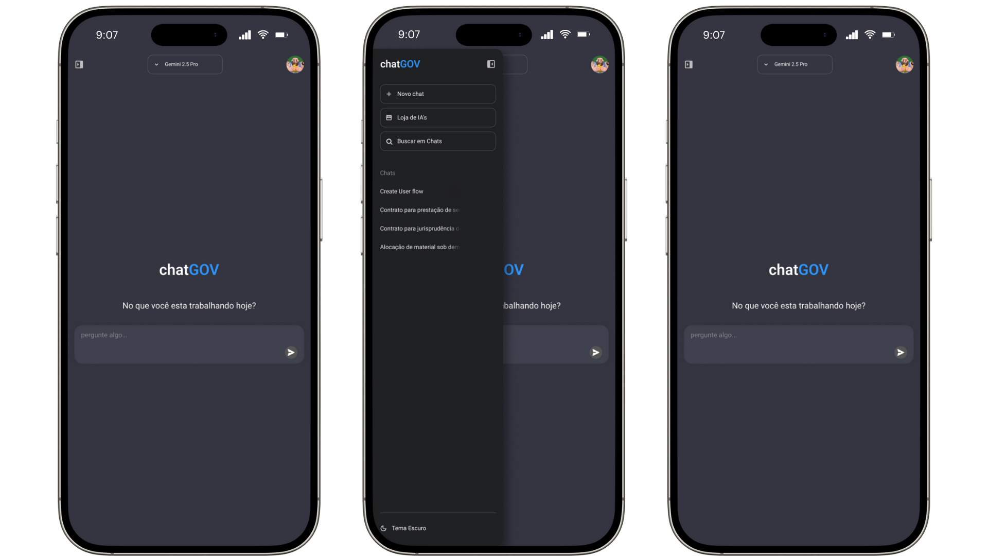 Celulares mostrando a interface do ChatGov